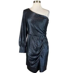 Nightway Women's Cocktail Dress Size 12 Blue Metallic One Shoulder Sheath